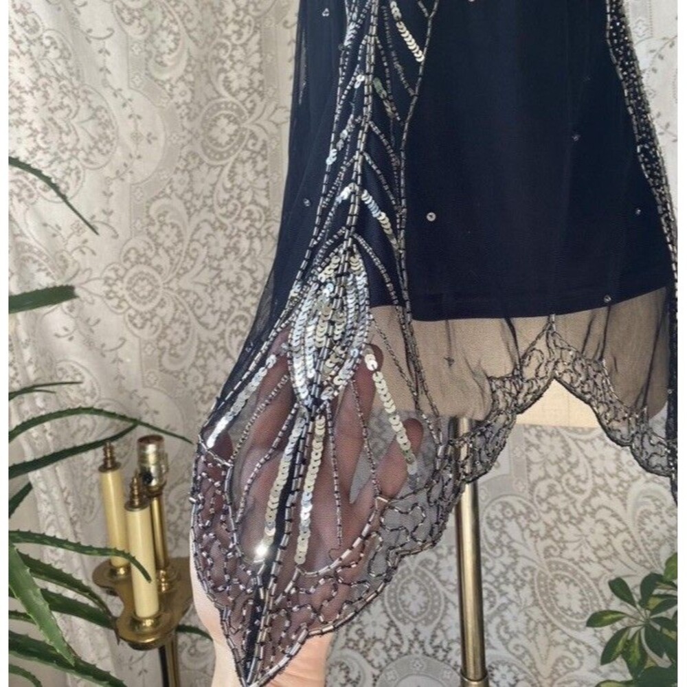Vtg Y2K Scala Black Sheer Mesh Beaded Silver Sequin Cap Sleeve Top M Whimsigoth - Picture 3 of 12